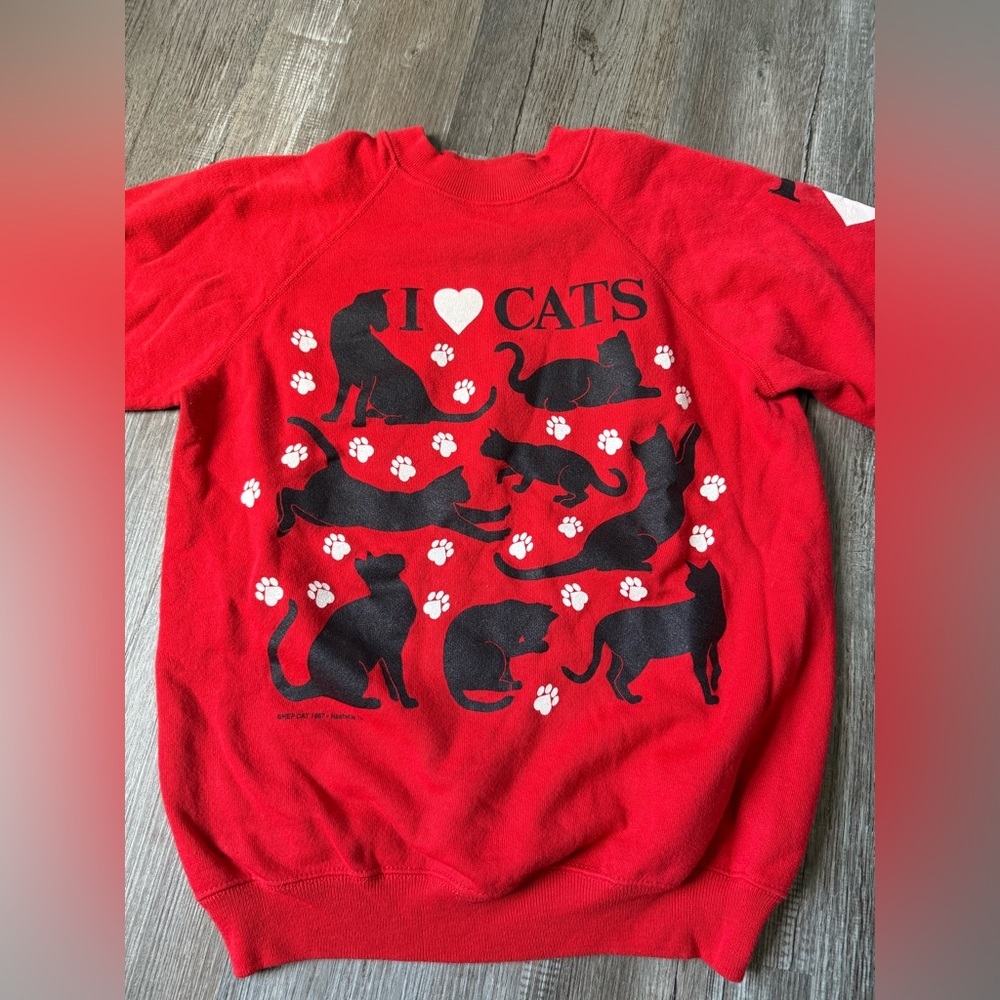 VTG I Love Cats Cat Lover Sweatshirt Crewneck Pullover Red Black Size S M - Picture 3 of 12